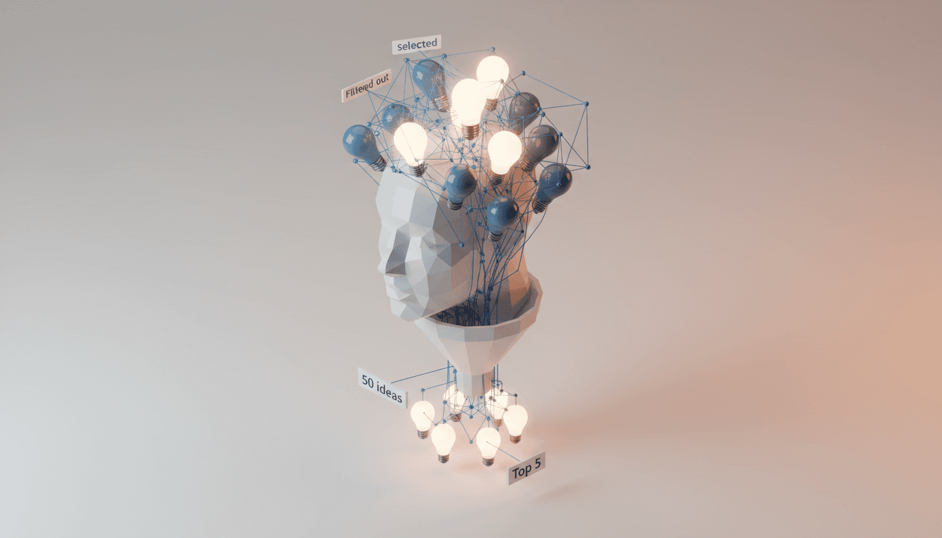 여러 전구와 아이디어 노드가 있는 AI 기반 브레인스토밍