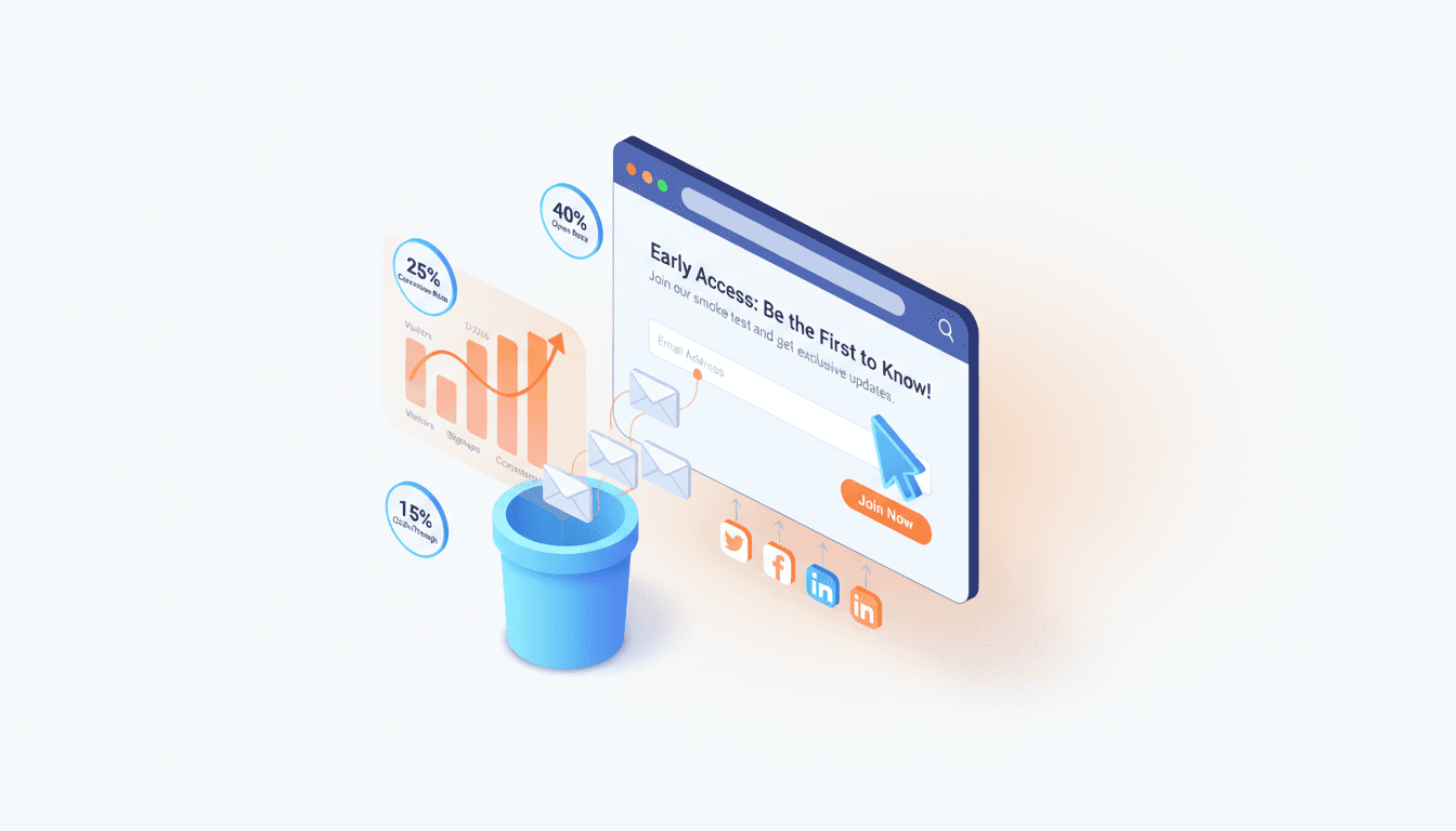 이메일 가입 폼과 분석 대시보드가 있는 랜딩 페이지 모형